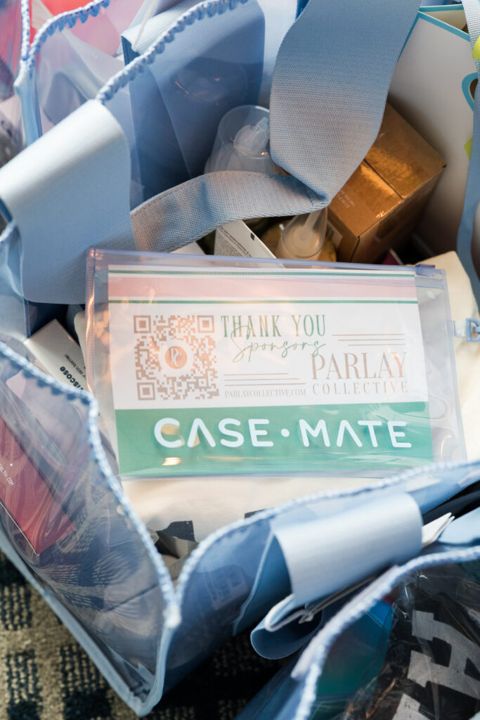 Case-Mate products and a Parlay Collective thank-you card inside an LTKCon 2026 gifting bag, showcasing influencer gifting and strategic brand collaborations.